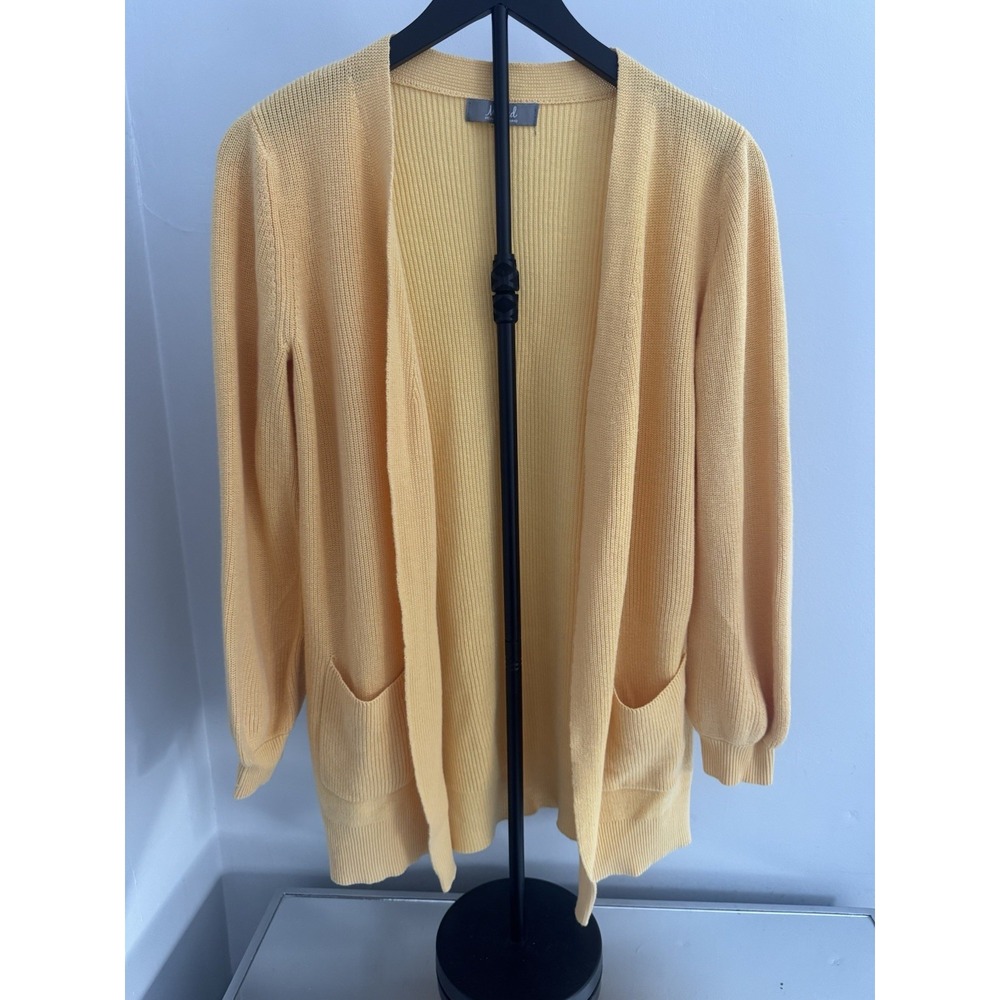 Marled Knit Open Front Cardigan Sweater Womens Sz M Yellow‎ Ribbed Pockets